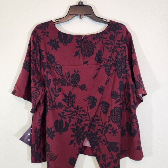 Ava Viv Burgundy Floral Slit-Back SS Blouse 2X - Picture 5 of 7
